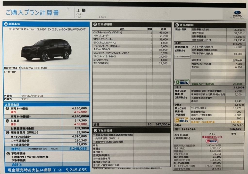 新型フォレスタープレミアムS:HEV見積り乗り出し価格