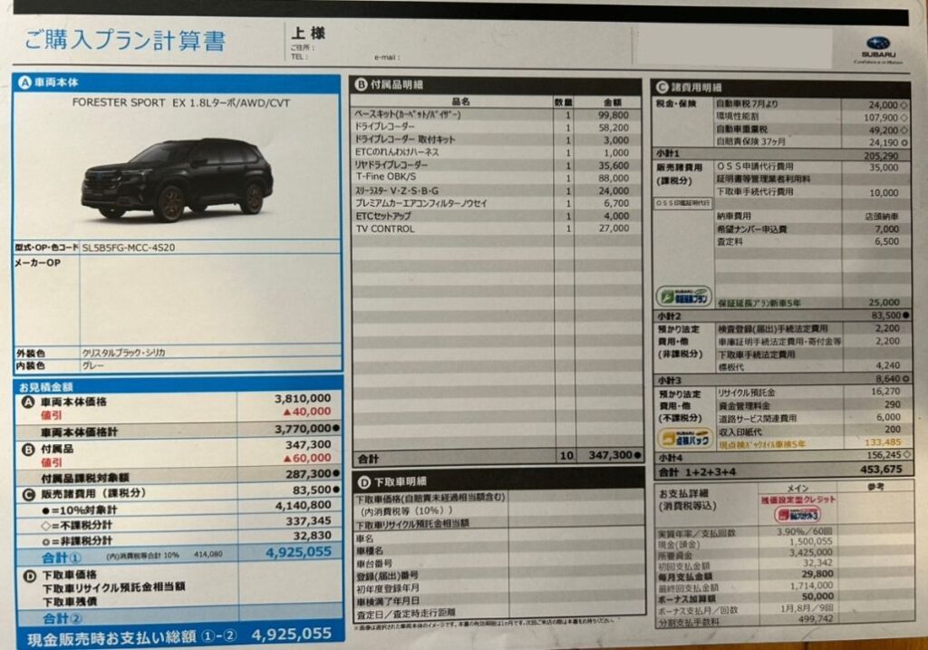 新型フォレスタースポーツEX見積り乗り出し価格